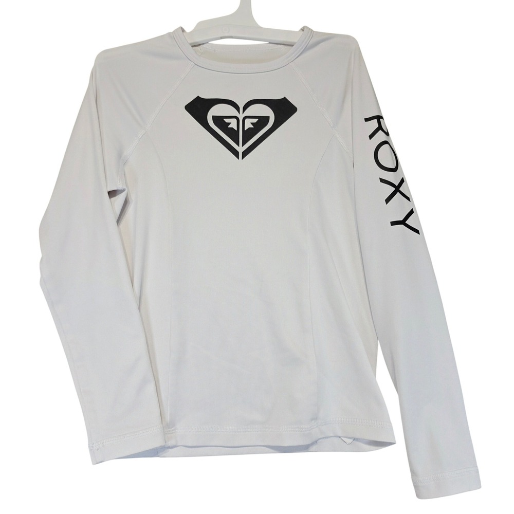Roxy Girl White Long Sleeve Rash Guard Swim Top Size 10 M Heart Logo